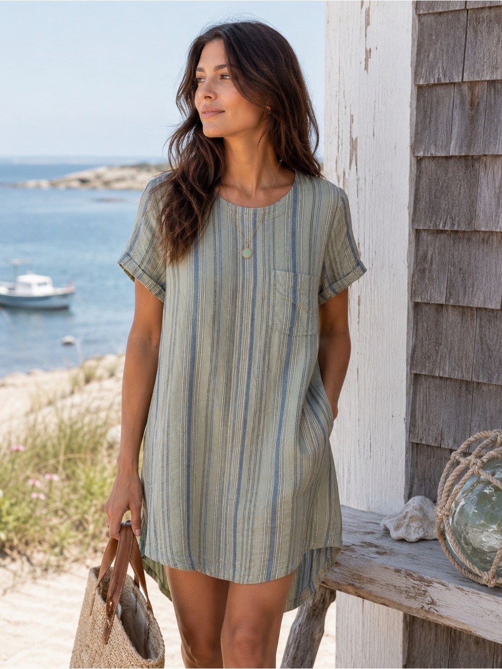 Anthropologie Cloth & Stone Button Back Tunic Dress Green Stripe Linen Rayon